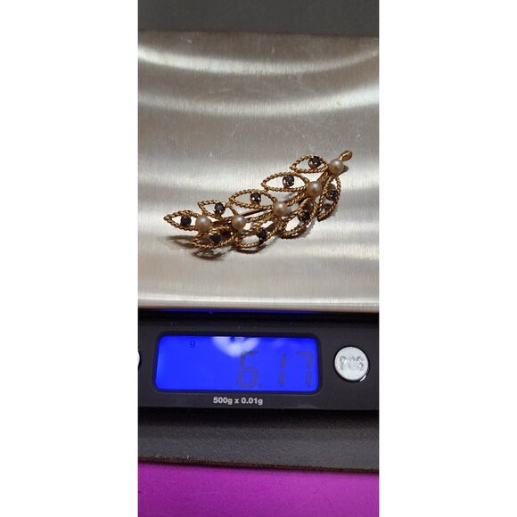 Vintage 14kt Gold Pearl And Sapphire Leaf Shaped Brooch (AN5-5/57) - Picture 7 of 8
